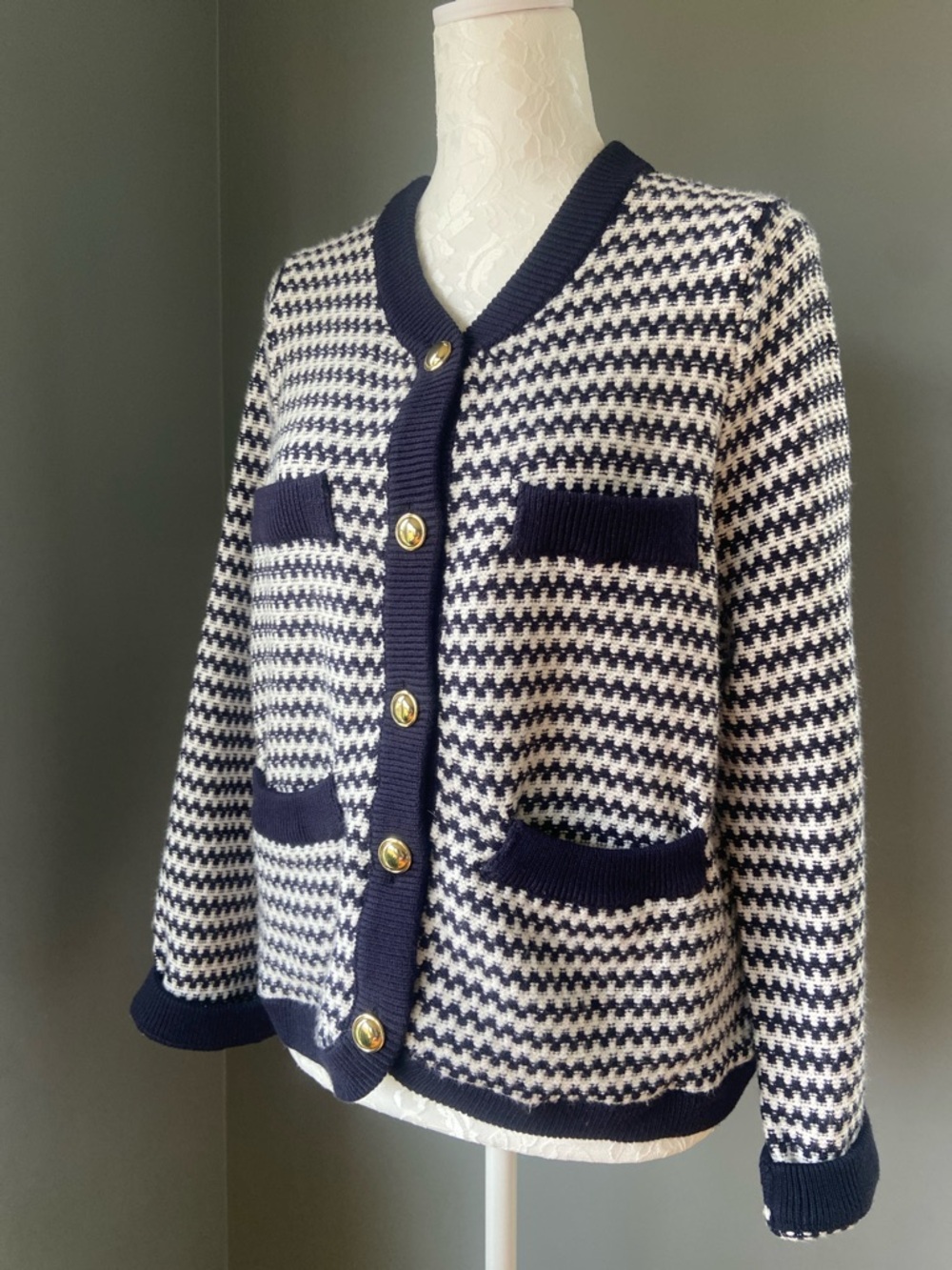Free Assembly Navy & White Knit Button-Front Cardigan Sweater